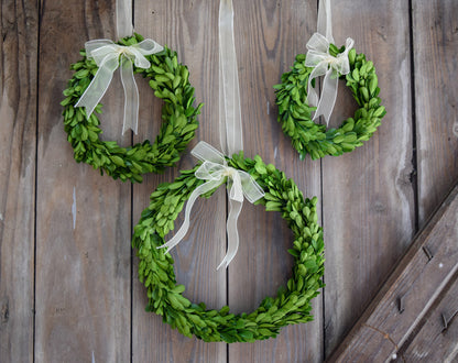 PRESERVED BOXWOOD WREATH - ROUND WITH RIBBON - 3 PIECE SET